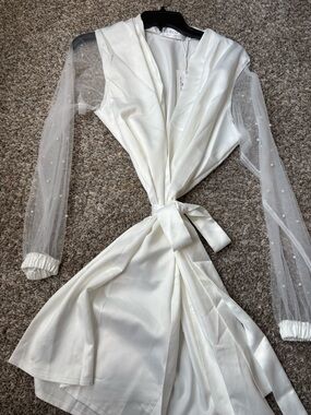 Ivory Satin Wrap Dress with Pearl-Embellished Sheer Sleeves